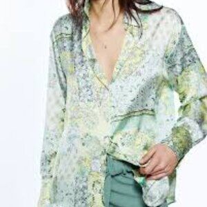 ✅ Zara Green Blue‎ Paisley Satin Blouse Shirt Size MEDIUM LONG SLEEVE